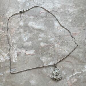 Vintage Theda Sterling Silver Marcasite Mother of Pearl Bell Basket Necklace